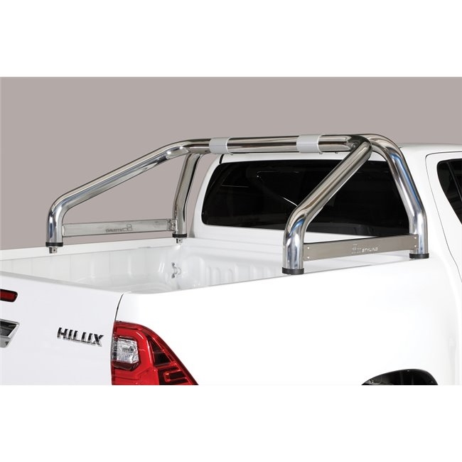 Styrtbøjle/Roll Bar til montering på lad i rustfri stål - Fås i sort og blank med logo til Toyota Hilux Double Cab Årgang 2021+